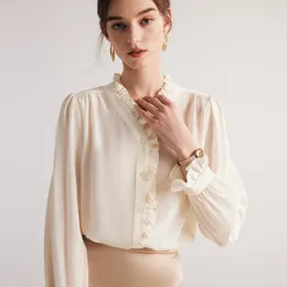 Women's Blouses Silk Shirt 2024 French Crepe De Chine White Commuter Lace Mulberry Top Single-breasted Blouse