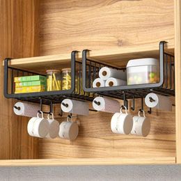 Kitchen Storage Multifunction Under Cabinet Hanging Basket Spice Rack With Cup Utensils Roll Holder Metal Wire Shelf Organiser