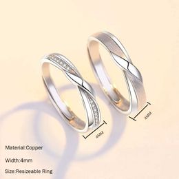 2PCS Wedding Rings 1 Pair Copper Plated Silver Classic Adjustable Brushed Twist Zircon Couple Rings Men Women Opening Finger Jewelry Free Shipping