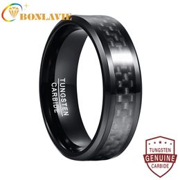 BONLAVIE 8mm Width Mens Tungsten Carbide Ring Inlaid Black Carbon Fibre Steel Good Quality 240322