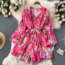 Dresses Women Casual Sexy Floral Pleated Chiffon Romper Female Spring Summer Bohemian Holiday V-Neck Draped Wide Leg Jumpsuits 2024 Playsuits