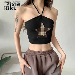 Women's Tanks Camis PixieKiki Star Patchwork Backless Halter Top Y2k Streetwear Cute Sexy Black Tanks Camis Fashion Trends Women Clothing P94-AE15 Y240403