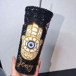 Bling Tumbler Customize Name Rhinestone Stainless Steel Straw Water Bottle 700ml Turkish Eye Thermos Bottles Coffee Mug 240401