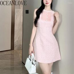 Casual Dresses OCEANLOVE Pink Spring Summer For Women Plaid Sleeveless Korean Fashion Vestidos Birthday Party Sweet Mini Dress