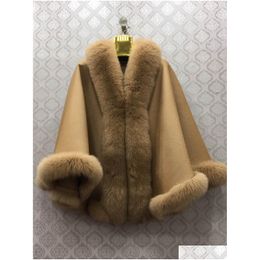 Womens Fur Faux 100% Wool Shawl With Natural Fox Collar Bottom Trimming Cape Drop Wrap Furry Winter Autumn Luxurious White 201103 Deli Dhpv0