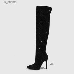 Dress Shoes Bling Rhinestones Faux Suede Elastic Women Thigh High Boots Fashion Autumn Winter heels Over the Knee long Shoe H240403D84L