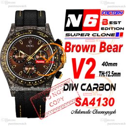 DIW Carbon SA4130 Automatic Chronograph Mens Watch N6F V2 Black Brown Bear Dial Nylon Strap Super Edition Same Serial Card Puretime Reloj Hombre Montre PTRX