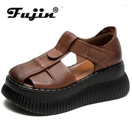 Dress Shoes Fujin 6cm Ladies Natural Cow Genuine Leather Summer Women Ethnic Platform Wedge Round Sandals Luxury Hook Mary Jane