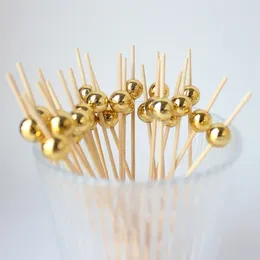 Forks 100pcs 12cm Gold Beads Bamboo Fruit Sticks Fruits Salad Snack Fork Cocktail Decor Cake Buffet Toothpicks Wedding Party Supplies