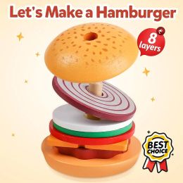 Montessori Wooden Burger Stacking Toys For Toddler Kids Preschool Learning Educational Toys Fine Motor Skill Kitchen Toys Gift