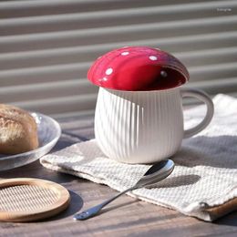 Cups Saucers Cartoon Mushroom Mug Cup Water Bottle With Lid Enamel Coffee Milk Tea Grey And Red Two Colors Drinkware Gifts For Girls