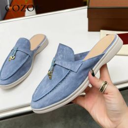 Slippers Spring Round Toe Half Drag Women Metal Decoration Flat British Style Slippers Comfortable Solid Colour Slipon Lazy Mules Shoes