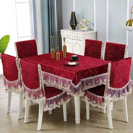 Table Cloth European Style Red Blue Connected Chair Cover Lace Edge Integrated Stool Rectangular Tablecloth Thickened Cushion