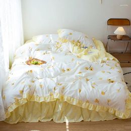 Bedding Sets Ins Korean Elegant Flower Set Princess Duvet Cover Bed Sheet Ruffle Lace Pillowcase Clothes Girl Gift Home Textiles