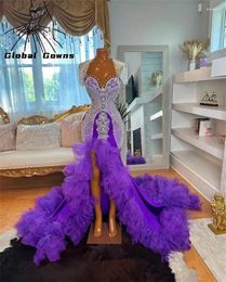 Party Dresses Purple Long Prom Dress For Black Girls 2024 Beaded Rhinestone Birthday Crystal Ruffles High Slit Evening Gown