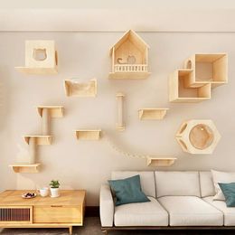 Wood Cat Toy Shelves DIY Wall Mounted Climbing Frame Grasping Column Diving Platform Nest Game Pet Products 240320