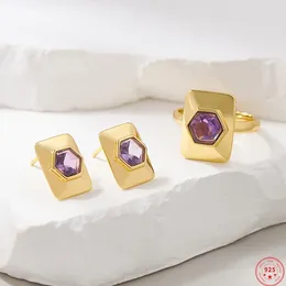 Cluster Rings S925 Sterling Silver Charms For Women Fashion Tangent Plane Amethyst Gold Plated Studs Earrings Jewellery