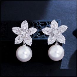 Charm Trend Imitation Pearl Flowers Earring Designer For Women Bride Wedding South American White Aaa Cubic Zirconia Copper 18K Gold Dhcqb