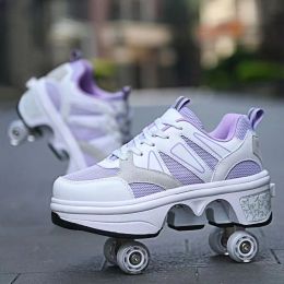 Shoes Leather Roller Skates Shoes for Kids Adults, DualUse Flash, Casual Deformation, Parkour Sneakers with Deform 4Wheel, Running