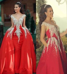 Gorgeous Beading Red Mermaid Prom Dresses With Detachable Train V Neck Crystal Party Gowns Turkish Vestidos Formal Dress Evening W9269645