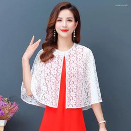 Women's Blouses Bolero Wedding Fashion Lady's Cloak Shirt Summer Shawl Embroidered White Lace Crochet Blouse Floral Long Sleeve Woman