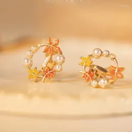 Stud Earrings Luxury Fashion Red Maple Zircon For Women Circle Crystal Leaf Pearl Hoop Earring Wedding Party Jewellery Gift