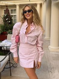 Clacive Fashion Pink Stripe Two Piece Sets Womens Outifits Autumn Sexy Long Sleeve Shirts Matching High Waist Mini Skirt 240329