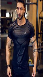 Compression Quick dry Tshirt Men Running Sport Skinny Short Tee Shirt Male Gym Fitness Bodybuilding Workout Black Tops Clothing T7709730