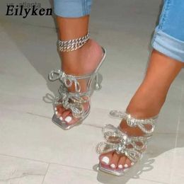 Dress Shoes Crystal PVC Transparent Women Slippers Summer Butterfly-knot Square Toe Clear Perspex High Heels Slide H240403