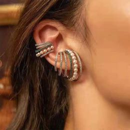 Earrings HIBRIDE Multiturn Pearl Cubic Zirconia Hoop Eaarings Bohemia CZ Wide Stackable Earcuffs for Women Bridal Wedding Bijoux E921