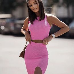 Casual Black Two 2 Piece Sets Women Outfit O Neck Sleeveless Crop Tops Pink Maxi Bodycon Split Skirt Matching 886 240329