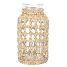 Vases 1pc Rattan Woven Glass Vase Hydroponics Chic Home Decor