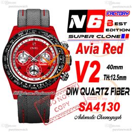 DIW Quartz Carbon SA4130 Automatic Chronograph Mens Watch N6F V2 Black Avia Red Dial Nylon Strap Super Edition Same Serial Card Puretime Reloj Hombre Montre PTRX