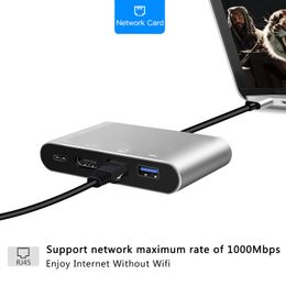 4 in 1 USB Type-C to HDMI 4K+ RJ45 Gigabit Ethernet Network Card + Type-C PD OTG Hub Adapter Cable for MacBook USB-C Splitter