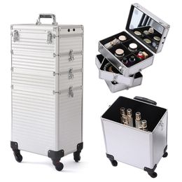 Pull Rod Cosmetic Case with LED Lamp and Mirror Aluminum Alloy Multi-layer Large Capacity Makeup Case Tattoo Nail Art Toolbox