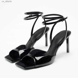 Dress Shoes TRAF Balck Patent Leather High Heels Chic Squared Open Toe Slingback Pumps For Women Sexy Ankle Loop Strap Sandal H240403MVXX