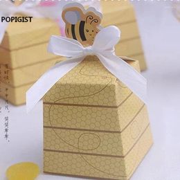 Gift Wrap European Yellow Bee Style Favors Candy Boxes Box With White Ribbons Baby Shower Birthday Party Wedding Supplies 100pcs