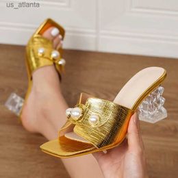Dress Shoes New Design Pearl Transparent CRYSTAL High Heels Women Slippers Summer Shallow Square Toe Slides H240403