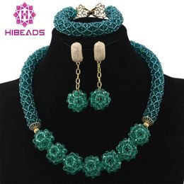 Glamorous Teal Green Wedding African Beads Jewelry Set Chunky Necklace Ball Chain Earrings Beads Set WD228 240320
