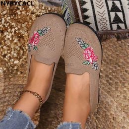 Casual Shoes Summer Soft Embroider Flats For Women Slip-On Breathable Knitting Sneakers Woman Chinese Style Flowers 2024