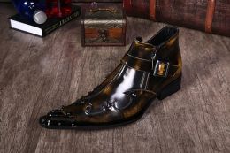 Boots Bury and Bronze Color Style Fashion Mens Shoes with Iron and Zipper Decoration Pointed Head Cow Leathe for Banquet and Weddi