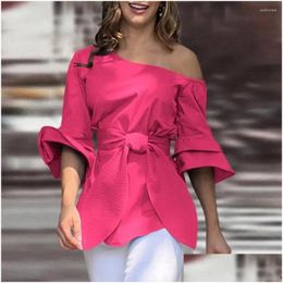 Women'S Blouses & Shirts Womens Casual Solid Color Blouse Elegant Skew Collar Lace-Up Waist Summer With Flared Half Sleeve Plover Dro Otpje