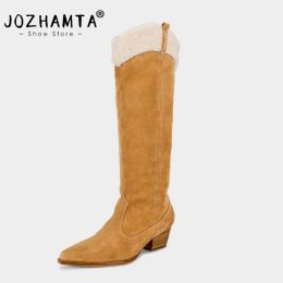 Boots JOZHAMTA Popular Denim Women KneeHigh Boots Autumn Winter Fashion Thick High Heels Real Leather Office Lady Shoes Woman 2023