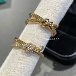 Brand charm Gu Ailings Same Style TFF KNOT Ring V Gold Quality 18K Rose with Diamond Knot Light Luxury