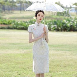 Ethnic Clothing Elegant Short Sleeves Chiffon Cheongsam Traditional Beaded Mandarin Collar Lace Qipao Retro Chinese Women Dress