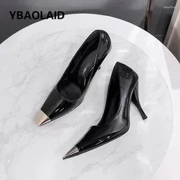 Dress Shoes Sexy Thin High Heel Metal Square Toe Single Women Pumps Shiny Leather Slip On Office Lady Prom Daily All Match