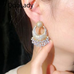 Earrings QooLady Luxury European 18k Gold Colour Micro Pave Full CZ Stone Large Round Dangle Drop Earrings for Women Gorgeous Jewellery E179