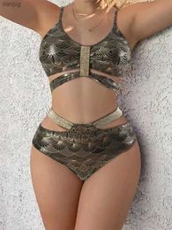 Women's Swimwear 2023 Sexy Strape Bikinis Women High Waist Swimsuit Gilded Print Swimwear Female Bathers Bathing Swimming Suit Tie Back Beachwear Y240402