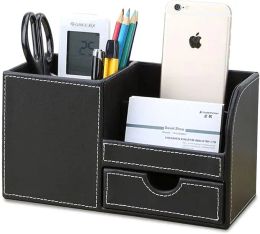 Holders Desk Organizer Office Supplies Caddy Pu Leather Multifunction Storage Box Pen/Pencil,Cell phone, Business Name Cards Remote