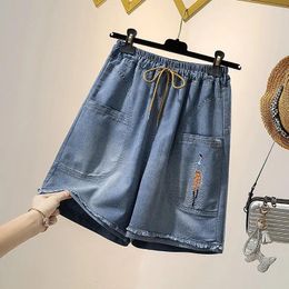 Women's Jeans Summer Solid Colour Elastic High Waist Artistic Embroidered Loose Large Size Thin Casual Wide Leg Denim Cropped Pants